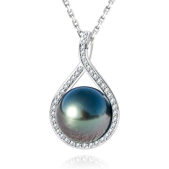 11-12MM Tahitian Black Pearl with Moissanite Pendant Necklace, AAAA Handselected Black Pearls, D Color Moissanite, 18K White Gold Plated Sterling Silver, 45+2+3mm Adjustable Chain