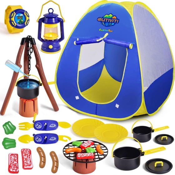 FUN LITTLE TOYS Kids Play Tent with Camping Toys, Toddler Tent with Battery Lantern, Kids Pop Up Tent Indoor Outdoor Toys