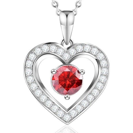 Full Moissanite Heart Necklace - No CZ! 2ct Vibrant Birthstone & 30 White Gems | 12 Month Gifts for Wife, Mom, Her | Anniversary, Valentine's Day, Mother's Day Jewelry