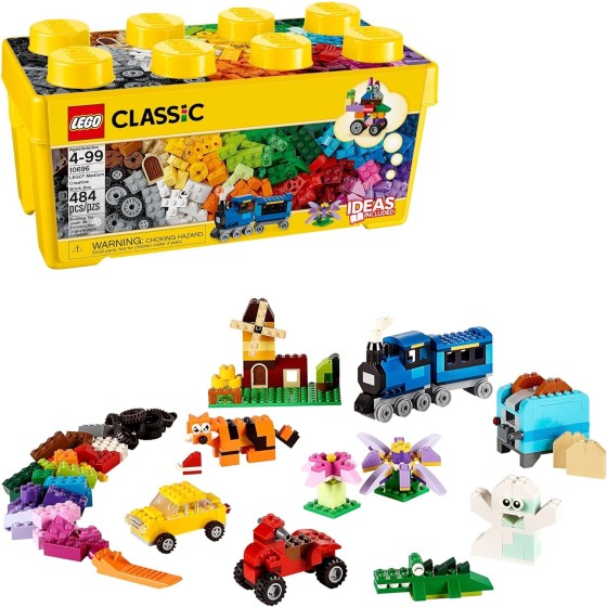 LEGO Classic Medium Creative Brick Box 10696 Building Toy Set - Featuring Storage, Includes Train, Car, and a Tiger Figure, and Playset