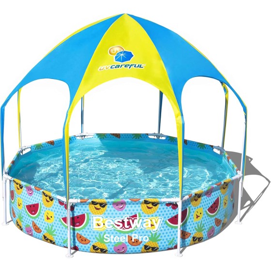 H2OGO! Kids Splash-in-Shade 8-Foot Round Steel Frame Above Ground Pool with Water Mister and Canopy Sunshade, Green Tropical Leaf Print