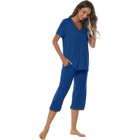 MoFiz Women's Capri Pajama Sets Short Sleeve Sleepwear Tops with Capri Pants 2 Piece V Neck Summer Pjs with Pockets