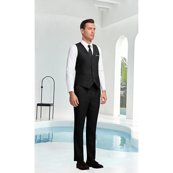 Mens Slim Fit 2 Piece Suit Set V-Neck Solid Dress Suit Vest Pants Wedding Prom Tuxedo for Men