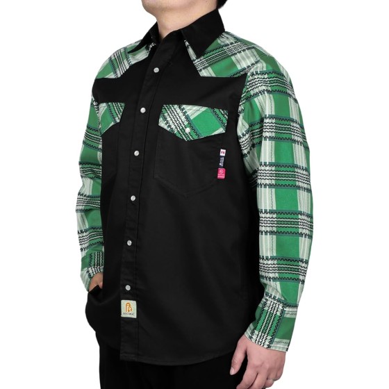 BOCOMAL FR Shirts Pearl Snaps Two Tone Plaid/Solid Flame Resistant Cotton Welding Shirt NFPA 2112 CAT 2