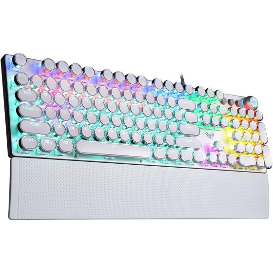 AULA F2088 Typewriter Style Mechanical Gaming Keyboard,Rainbow LED Backlit,Removable Wrist Rest,Media Control Knob,Retro Punk Round Keycaps,USB Wired Computer Keyboard