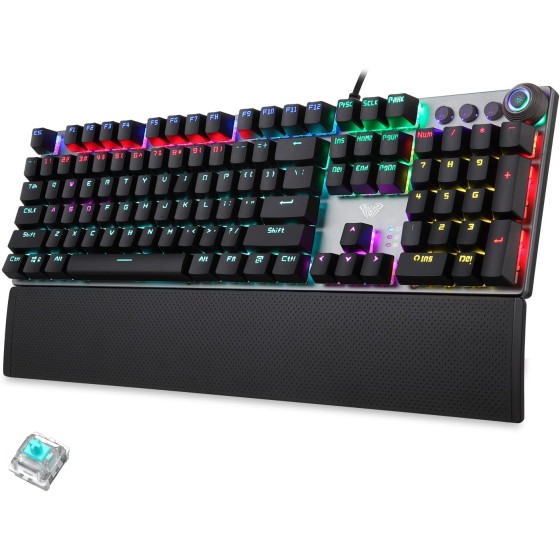 AULA Mechanical Gaming Keyboard Blue Switches,Rainbow LED Backlit,Ergonomic Wrist Rest,Aluminum Base,Full Size 108 Keys Anti-Ghosting,Macro Programmable Computer Keyboard Wired for PC Laptop