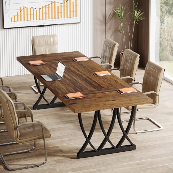 Tribesigns 6 ft Conference Table for 6-8 People, 70.86-Inch Rectangle Conference Table Meeting Seminar Table with Unique Curved Metal Support for Home Office (Without Chair, Retro Brown & Black)