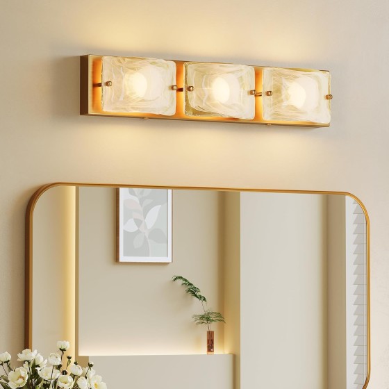 Tribesigns 3-Light Vanity Fixtures, Curved Cloud Glass Lampshades Gold Copper Plate, Modern Bathroom Wall Lighting Fixtures Over Mirror, 3CCT LED Vanity Lights