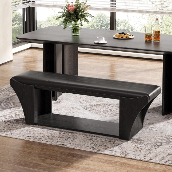 Tribesigns 59" Long Dining Room Bench for 2 to 3, Modern Black Kitchen Benches Upholstered Stools with Leather Padded Seat and Open Storage Shelf for Indoor Use